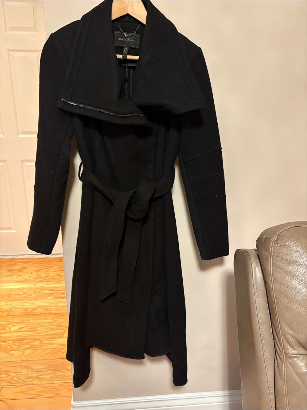 BCBGMaxAzria Black Long Sleeve Belted Wool-Blend Trench Dress